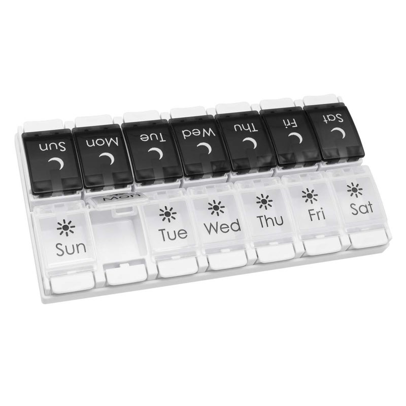 EZY DOSE Push Button (7-Day) Pill Case, Medicine Planner, Vitamin Organizer, 2 Times a Day AM/PM, Removable Trays, Large Compartments, Arthritis Friendly, Spring Open Black and White Lids, BPA Free - Image 1