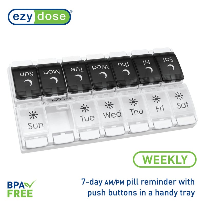 EZY DOSE Push Button (7-Day) Pill Case, Medicine Planner, Vitamin Organizer, 2 Times a Day AM/PM, Removable Trays, Large Compartments, Arthritis Friendly, Spring Open Black and White Lids, BPA Free - Image 5