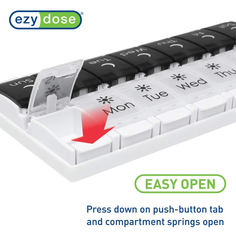 EZY DOSE Push Button (7-Day) Pill Case, Medicine Planner, Vitamin Organizer, 2 Times a Day AM/PM, Removable Trays, Large Compartments, Arthritis Friendly, Spring Open Black and White Lids, BPA Free - Image 4