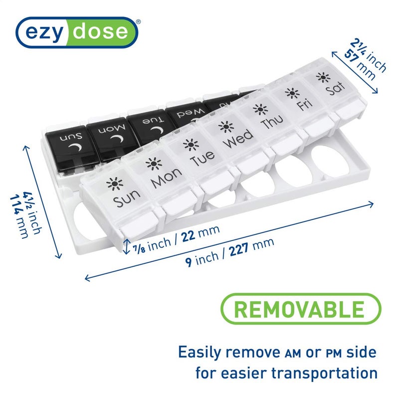 EZY DOSE Push Button (7-Day) Pill Case, Medicine Planner, Vitamin Organizer, 2 Times a Day AM/PM, Removable Trays, Large Compartments, Arthritis Friendly, Spring Open Black and White Lids, BPA Free - Image 2