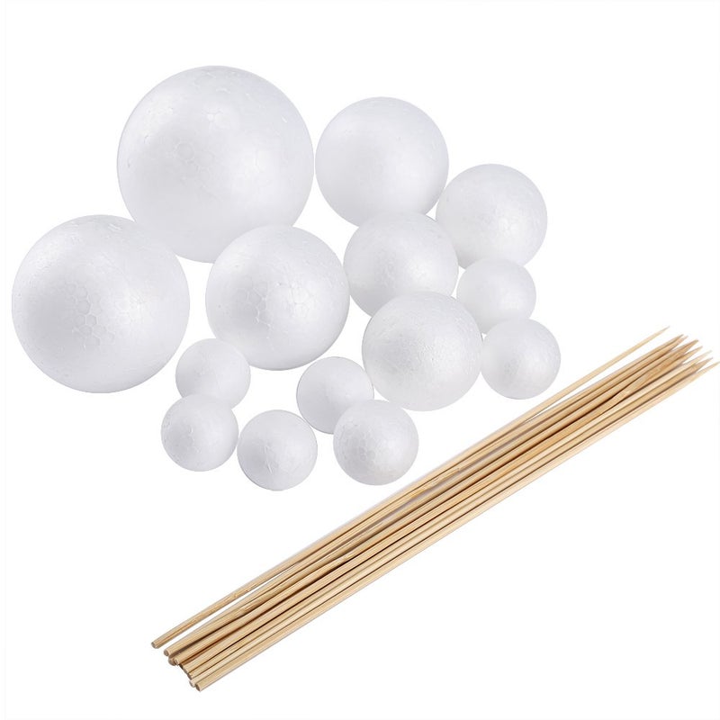 Pllieay Make Your Own Solar System Model with 14 Mixed Sized Polystyrene Spheres Balls and 10 Pieces 24 cm Long Bamboo Sticks for School Projects - Image 1
