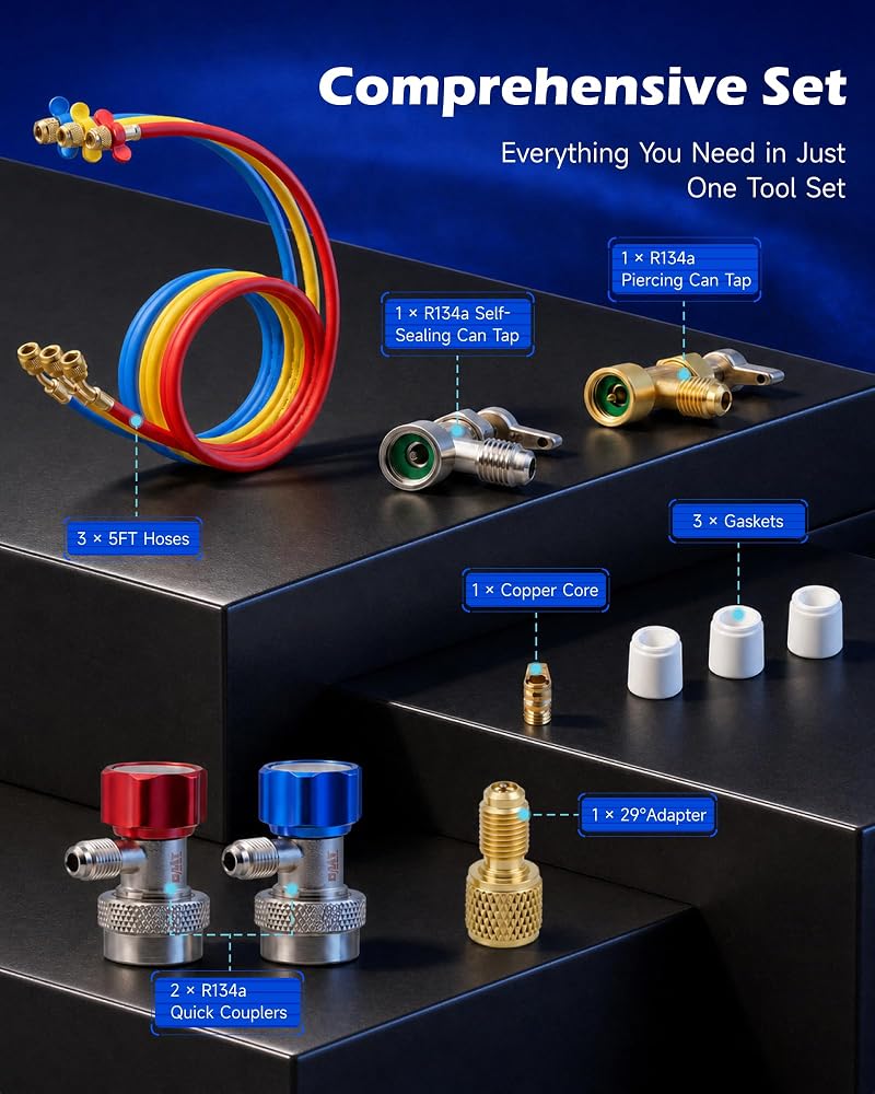 Orion Motor Tech 1٫ مجموعة أدوات قياس مانيفولد التكييف ثلاثية الطرق OMT للغازات R12، R134a، R502، R22، مع خراطيم بطول 5 أقدام - Image 2