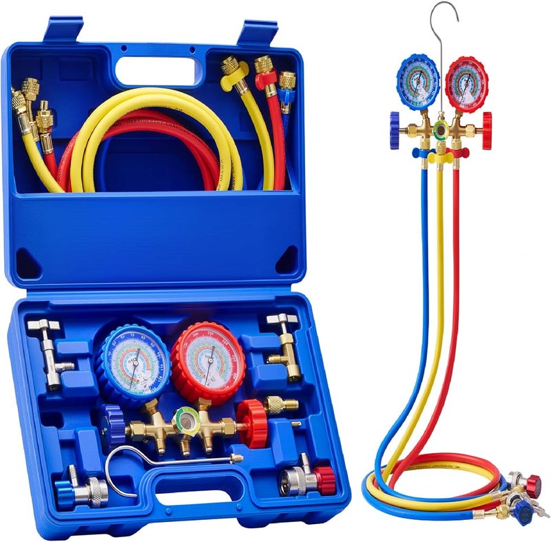 Orion Motor Tech 1٫ مجموعة أدوات قياس مانيفولد التكييف ثلاثية الطرق OMT للغازات R12، R134a، R502، R22، مع خراطيم بطول 5 أقدام - Image 1