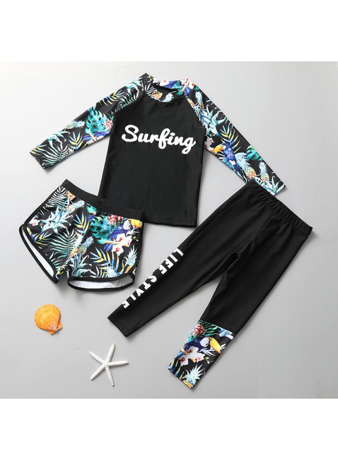 إسكدنيا ملابس سباحة للأطفال بناتي مقاس كبير واقي من الشمس سريع الجفاف بدلة سباحة ثلاث قطع - اللون: 2309 مجموعة ثلاث قطع من أوراق الشجر - المقاس: M (10.00 كجم - 12.50 كجم - Image 2