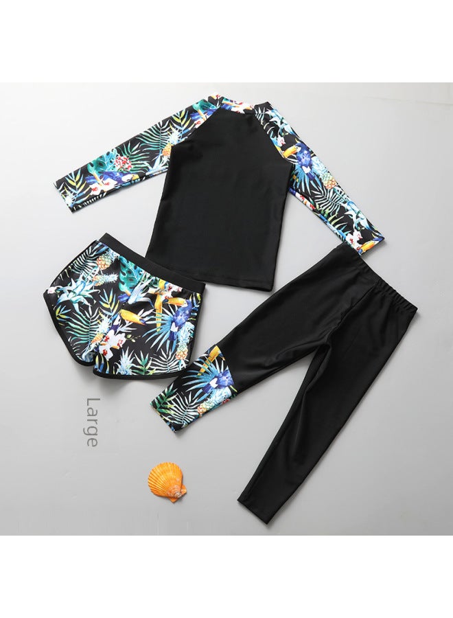 إسكدنيا ملابس سباحة للأطفال بناتي مقاس كبير واقي من الشمس سريع الجفاف بدلة سباحة ثلاث قطع - اللون: 2309 مجموعة ثلاث قطع من أوراق الشجر - المقاس: M (10.00 كجم - 12.50 كجم - Image 3