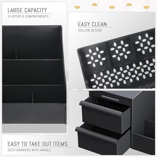 Qshare Cosmetic Storage Box - Plastic 2 Drawer Cosmetic Storage Organizer Makeup Eyeshadow Lipsticks Jewelry Stationery, Cosmetic Organiser for Women, Vanity Display Case for Dressing Table (Black) - Image 4