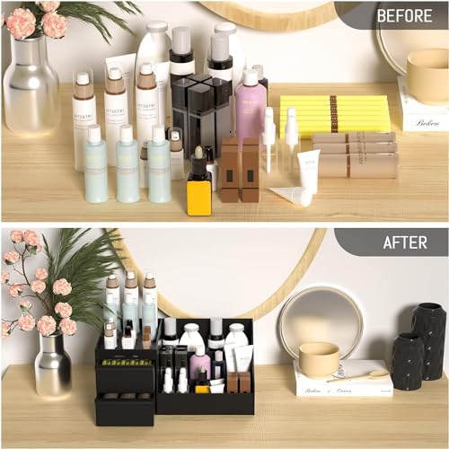Qshare Cosmetic Storage Box - Plastic 2 Drawer Cosmetic Storage Organizer Makeup Eyeshadow Lipsticks Jewelry Stationery, Cosmetic Organiser for Women, Vanity Display Case for Dressing Table (Black) - Image 5