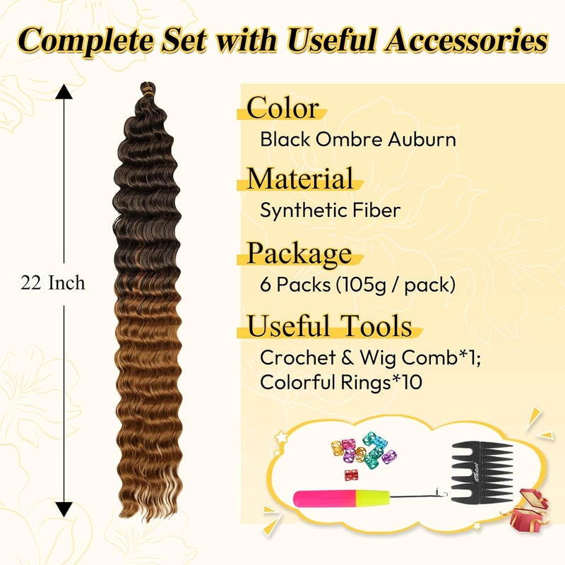 BARSDAR Deep Wave Crochet Braiding Hair, 55 cm 6 Packs Ocean Wave GoGo Curl Crochet Hair for Women Long Wavy Curly Boho Braids Synthetic Braids Hair Extension – Black Ombre Auburn - Image 2