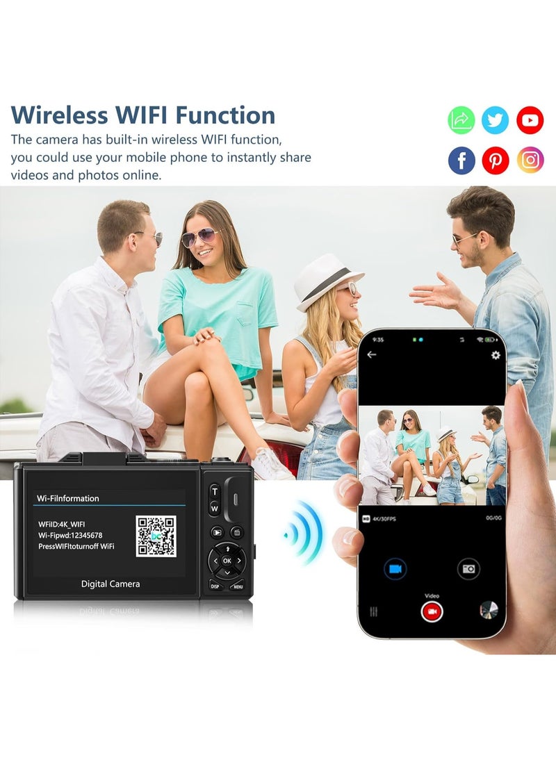 KADIP 4K Digital Camera for Photography, WiFi 64MP Autofocus Vlogging Camera for YouTube with 3" 180°Flip Screen, 18X Digital Zoom Compact Vlog Travel Camera with 2 Batteries, 64G SD Card, Black - Image 3