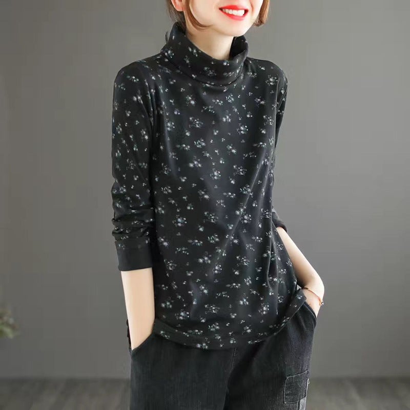 Spring and Autumn Korean style turtleneck long sleeve floral top Mother's vintage artistic printed plus size T-shirt slimming bottoming shirt - Image 4