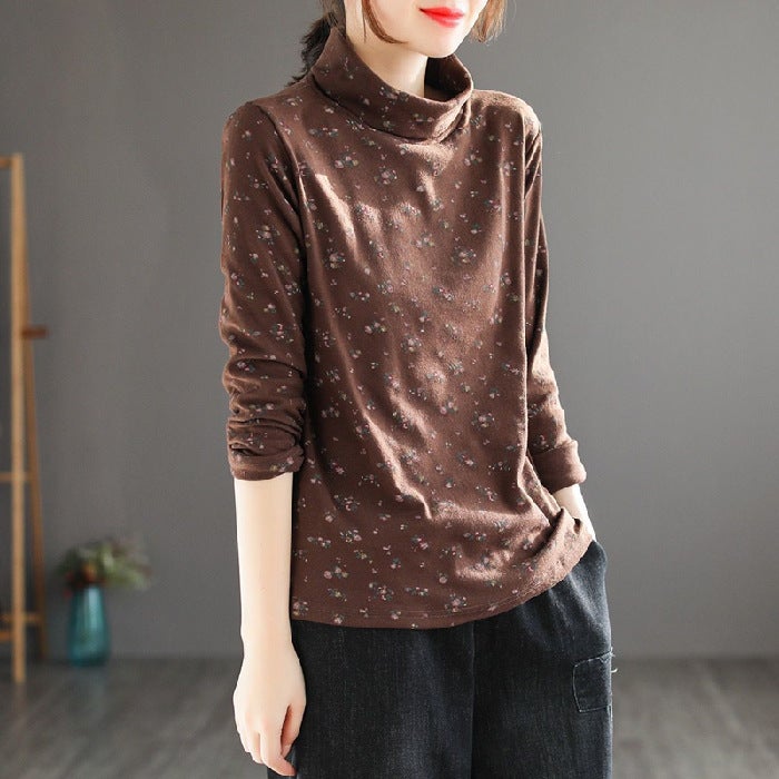 Spring and Autumn Korean style turtleneck long sleeve floral top Mother's vintage artistic printed plus size T-shirt slimming bottoming shirt - Image 1