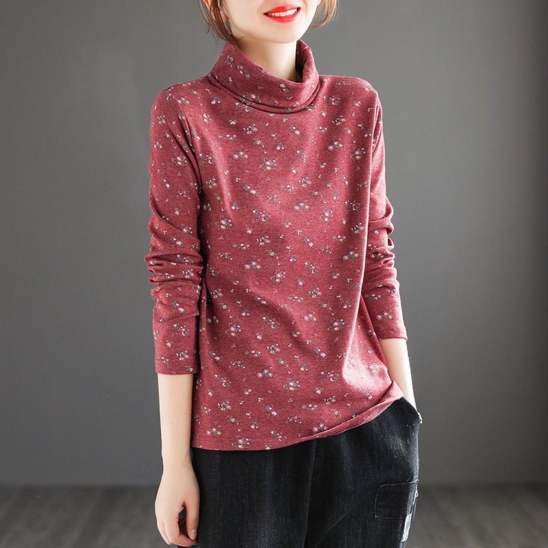 Spring and Autumn Korean style turtleneck long sleeve floral top Mother's vintage artistic printed plus size T-shirt slimming bottoming shirt - Image 2