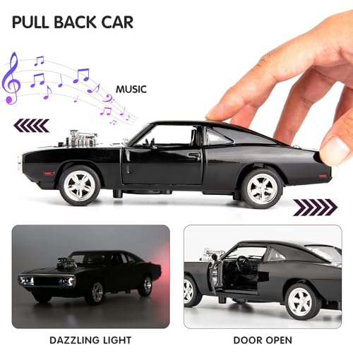 DARVICE 132 Fast Furious Racing Cars Toy Dodge Charger Toy Car Model Alloy Diecast Metal Car with Sound Light Model Toys for Boys Gifts Collection, Black - Image 3