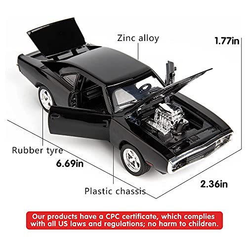DARVICE 132 Fast Furious Racing Cars Toy Dodge Charger Toy Car Model Alloy Diecast Metal Car with Sound Light Model Toys for Boys Gifts Collection, Black - Image 2