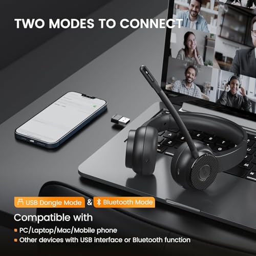 EKSA H16 Wireless Headset with AI Noise Cancelling Microphone, Bluetooth V5.2 Headphones with 2.4G USB Dongle & Mic Mute, 55Hours Playtime for Computer/Laptop/PC - Image 3