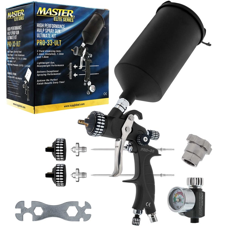 مجموعة أدوات الرش الاحترافية Master Elite High Performance PRO33 Series HVLP Ultimate Kit مع 3 مجموعات رؤوس سائلة 13 14 18 مم ومنظم ضغط الهواء ومقياس ومحول كوب MPS لطلاء السيارات