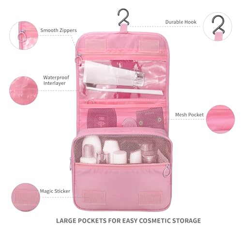 Lcsmaokin Large Capacity Toiletry Bag Travel Bag with Hanging Hook for Men and Women Waterproof Travel Cosmetic Bag Bathroom Storage Bag for Brushes Set, Full-Sized Shampoo,Accessories(Pink) - Image 3