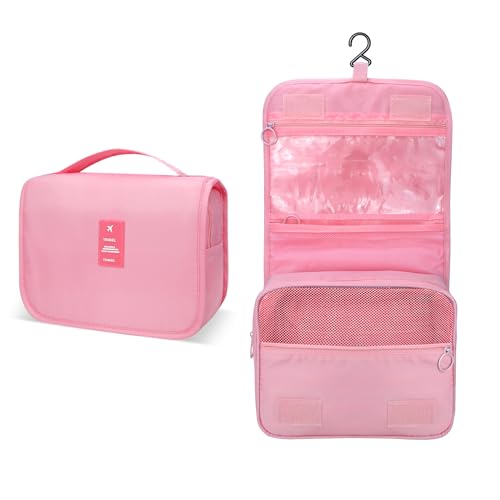 Lcsmaokin Large Capacity Toiletry Bag Travel Bag with Hanging Hook for Men and Women Waterproof Travel Cosmetic Bag Bathroom Storage Bag for Brushes Set, Full-Sized Shampoo,Accessories(Pink) - Image 2