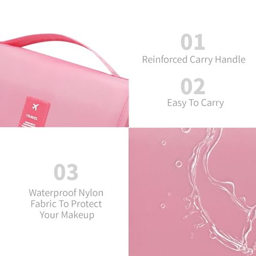 Lcsmaokin Large Capacity Toiletry Bag Travel Bag with Hanging Hook for Men and Women Waterproof Travel Cosmetic Bag Bathroom Storage Bag for Brushes Set, Full-Sized Shampoo,Accessories(Pink) - Image 4