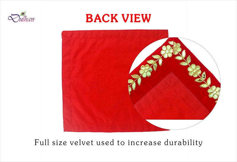Dulhan 18 x 18 inch DLC Designer Long Velvet Pooja aasan Altar Cloth for God Idol, Chowki Asan kapda, Red Bhagwan aasan for Puja Mandir Table and Temple Shelf, Diwali, Navratra, Pack of 2 - Image 4