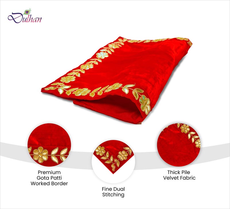 Dulhan 18 x 18 inch DLC Designer Long Velvet Pooja aasan Altar Cloth for God Idol, Chowki Asan kapda, Red Bhagwan aasan for Puja Mandir Table and Temple Shelf, Diwali, Navratra, Pack of 2 - Image 3