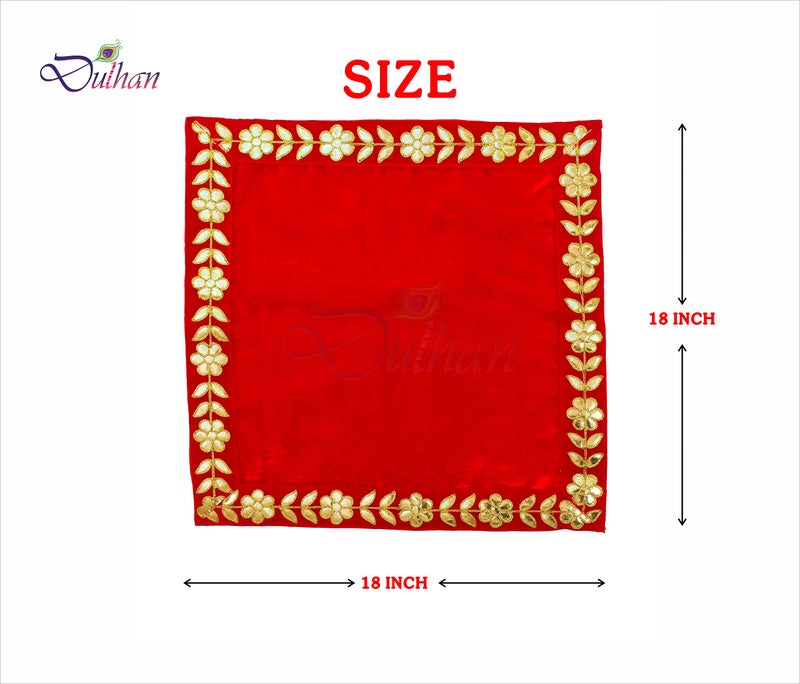 Dulhan 18 x 18 inch DLC Designer Long Velvet Pooja aasan Altar Cloth for God Idol, Chowki Asan kapda, Red Bhagwan aasan for Puja Mandir Table and Temple Shelf, Diwali, Navratra, Pack of 2 - Image 2