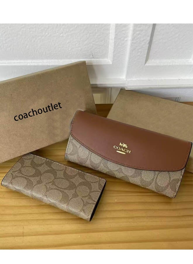 coachoutlet Women's long wallet leather card holder wallet women's elegant clutch brown panel khaki classic - Image 1