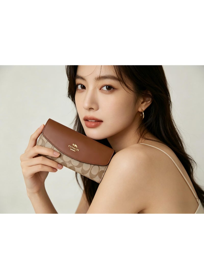 coachoutlet Women's long wallet leather card holder wallet women's elegant clutch brown panel khaki classic - Image 3