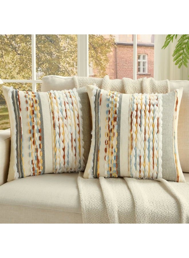 FUTEI Rust Blue Yellow Accent Throw Pillow Covers Set of 2, 18x18 Inch Plush Tufted Striped Textured Decorative Cushion Cases for Farmhouse Boho Couch Decor - Image 1