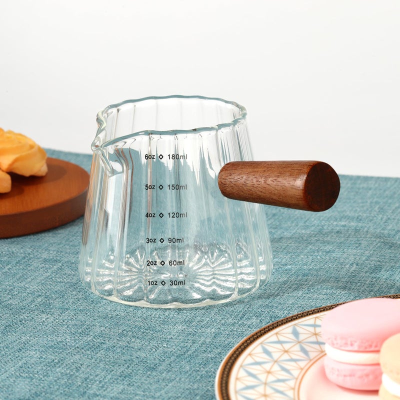 Joeyan 6 oz Glass Measuring Cups with Spout,Borosilicate Glass Triple Pitcher with Scale,Origami Style Espresso Shot Glasses with Wood Handle for Coffee Milk,Dishwasher Safe - Image 5