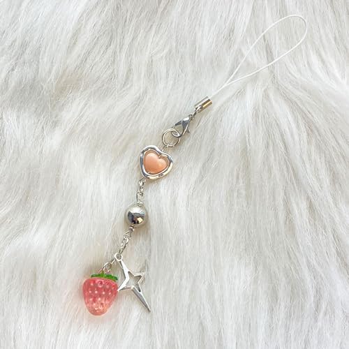 cioatu Cute Y2K Phone Charm Aesthetic Cellphone Chain Strap Lanyard For Phone Pink Strawberry Butterfly PhoneCharms for Bag Keychain Airpods Camera (Bow+Strawberries) - Image 2