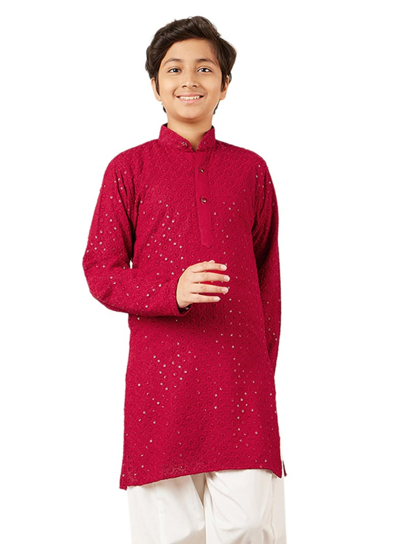 AJ DEZINES Kids Cotton Full Sleeve Sequined Red Kurta for Boys - Ethnic wear | Special Occasion & Party Outfit | Chikankari Kurta for Boys - Regular Fit - Image 1