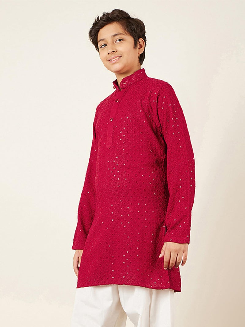 AJ DEZINES Kids Cotton Full Sleeve Sequined Red Kurta for Boys - Ethnic wear | Special Occasion & Party Outfit | Chikankari Kurta for Boys - Regular Fit - Image 4