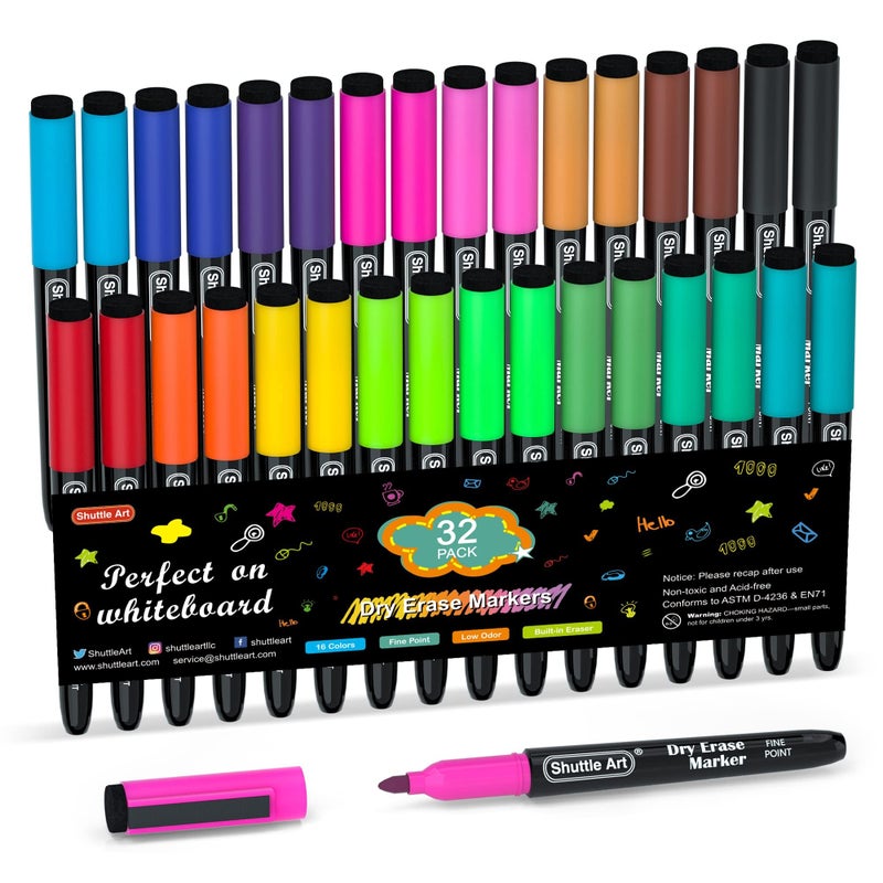 Shuttle Art Dry Erase Markers, 32 Pack 16 Colors Magnetic Whiteboard Markers with Erase, Fine Point Dry Erase Markers Perfect For Writing on Whiteboards,Mirrors for School Office Home - Image 1