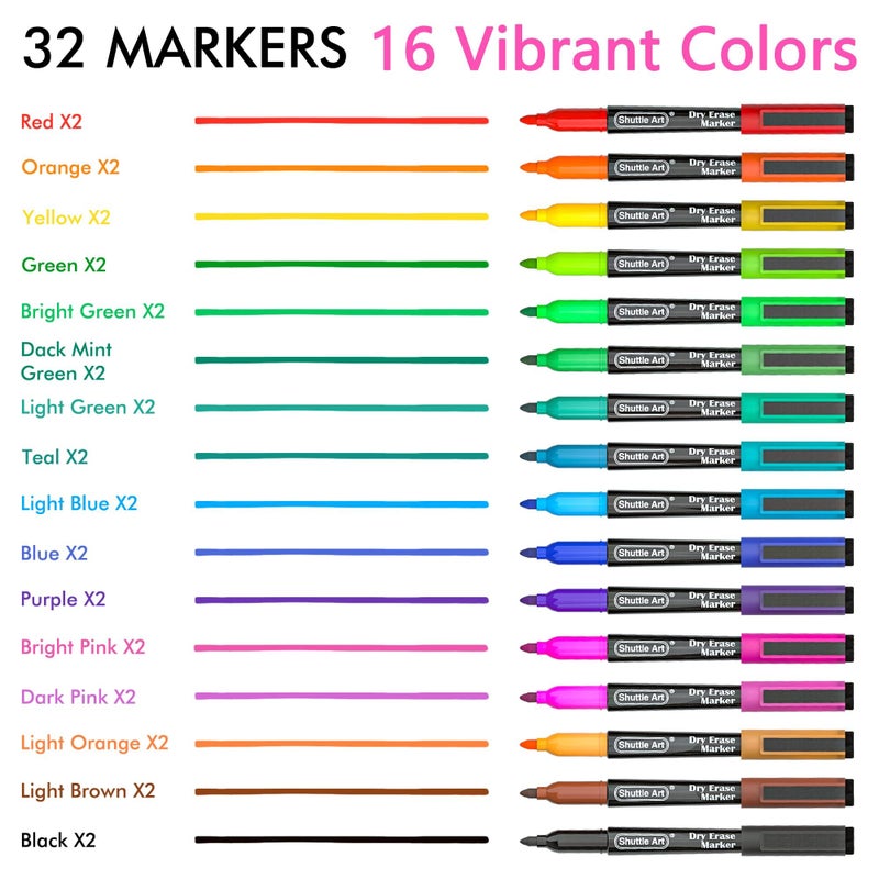 Shuttle Art Dry Erase Markers, 32 Pack 16 Colors Magnetic Whiteboard Markers with Erase, Fine Point Dry Erase Markers Perfect For Writing on Whiteboards,Mirrors for School Office Home - Image 3