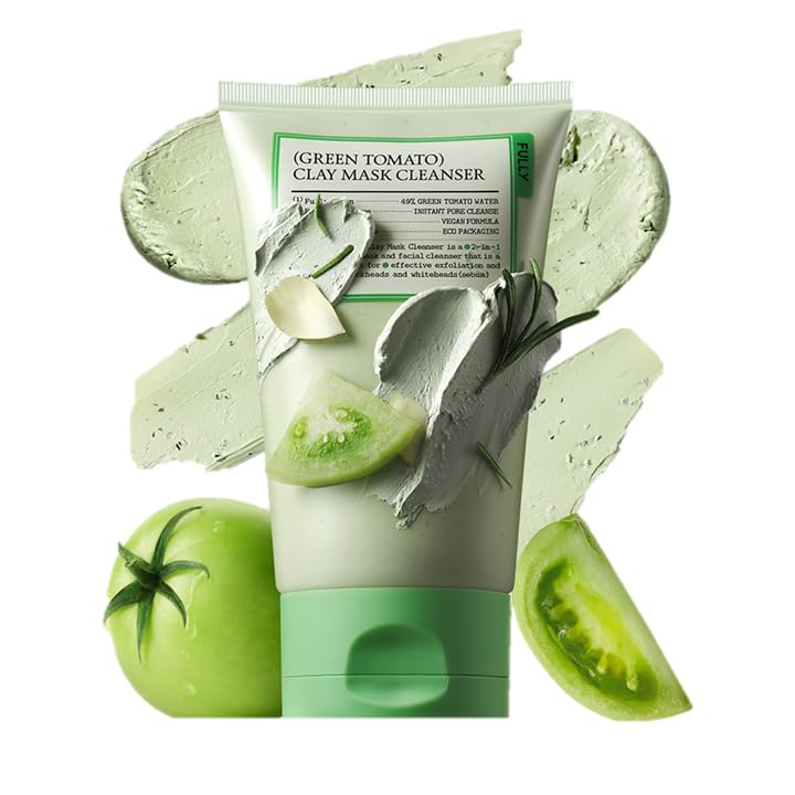 Fully FULLY Green Tomato Clay Mask Cleanser, Pore Purifying with 49% Green Tomato Extract, Sebum & Clogged Pore Care, Exfoliation, Fragrance-Free, Vegan & Dermatologically Tested, 4.05 fl.oz