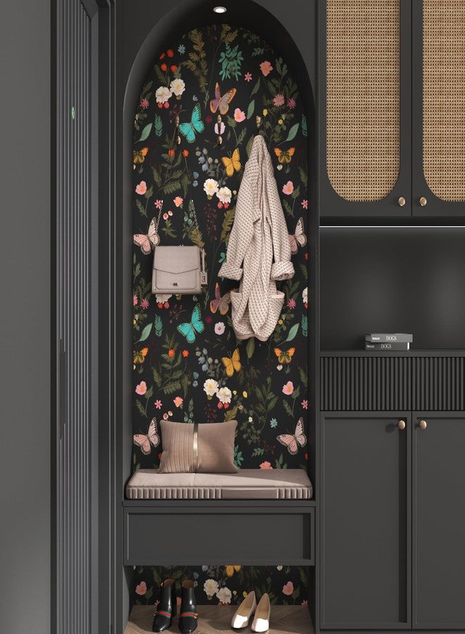 VOLEAAR Black Butterfly Wallpaper Peelable, Vintage Dark Wallpaper with Colorful Butterfly Pattern, Boho Floral Contact Paper Stick on Bedroom Cabinet Drawer Shelf Liner Backsplash 17.5In x 9.8Ft - Image 4