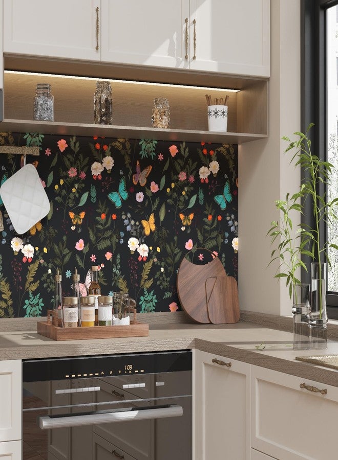 VOLEAAR Black Butterfly Wallpaper Peelable, Vintage Dark Wallpaper with Colorful Butterfly Pattern, Boho Floral Contact Paper Stick on Bedroom Cabinet Drawer Shelf Liner Backsplash 17.5In x 9.8Ft - Image 3