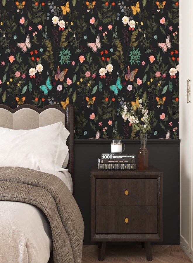 VOLEAAR Black Butterfly Wallpaper Peelable, Vintage Dark Wallpaper with Colorful Butterfly Pattern, Boho Floral Contact Paper Stick on Bedroom Cabinet Drawer Shelf Liner Backsplash 17.5In x 9.8Ft - Image 2
