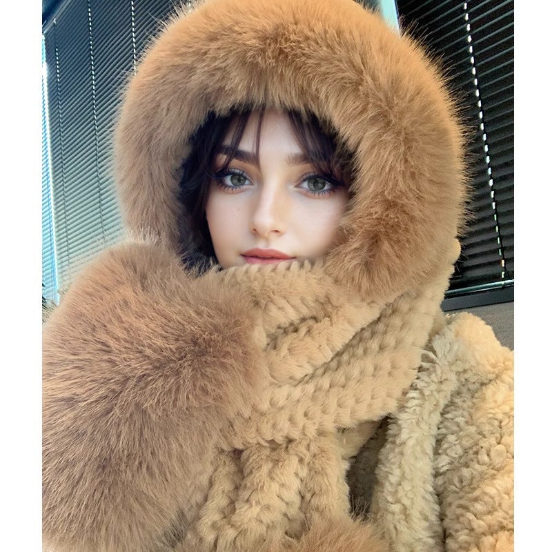 Cute Cat Ear Knit Beanie Women Autumn Winter Fashion Warm 1231 camel three-piece set [earless big Mao Mao hat brim Mao Mao gloves]]