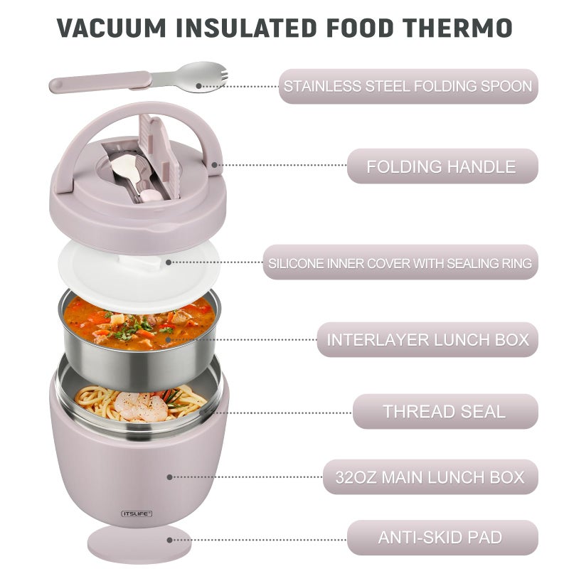 Itslife 32oz Insulated Soup Thermos, Vacuum Stainless Steel Food Jar for Hot & Cold Food, Leakproof Wide Mouth Lunch Container with Spoon, Light Purple - Image 2