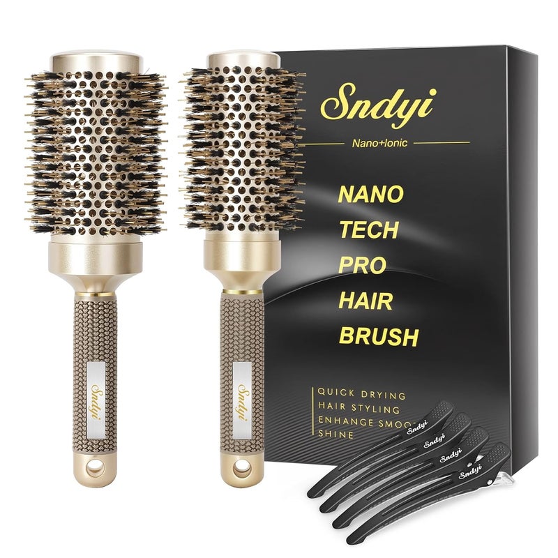 Sndyi Nano Thermal Ceramic & Ionic Tech Round Hair Brush with Boar Bristles, Professional Barrel Brush for Styling, Curling and Straightening, 2 Pack - Image 1
