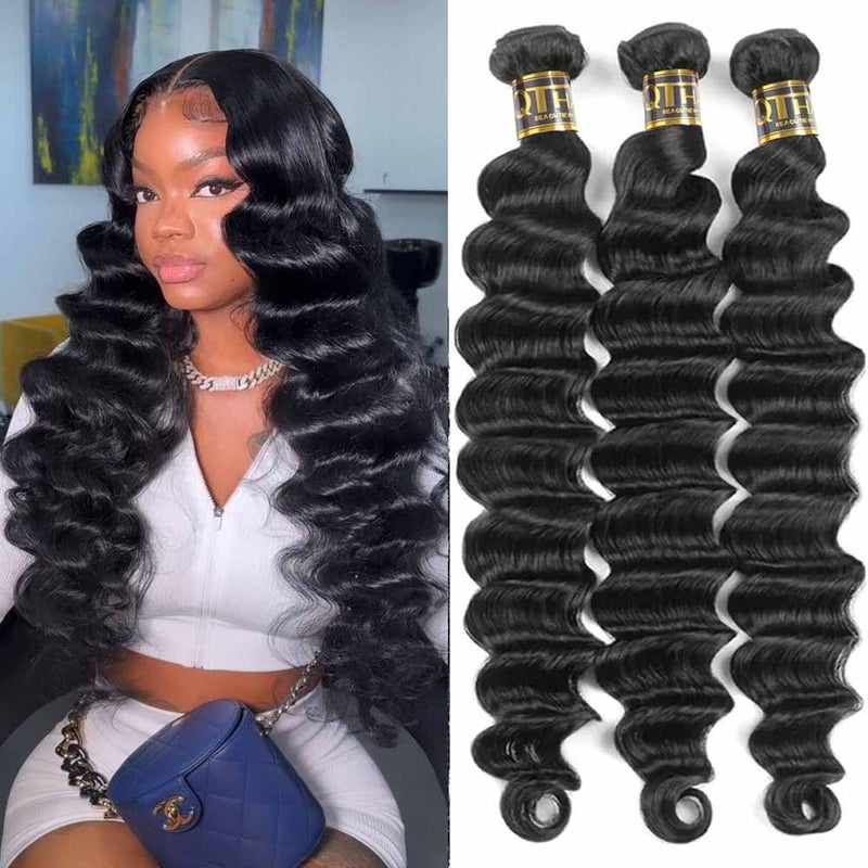 QTHAIR QTHAIR 16a Brazilian Loose Deep Wave Human Hair Bundles for Black Women 18 20 22Natural Black 100 Unprocessed Loose Deep Curly Loose Body Wave Brazilian Human Hair Bundles 