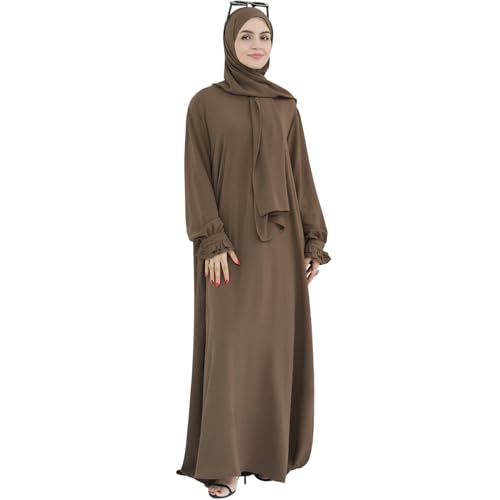 Khalat Women's Brown One Size Maxi Abaya Dress with Hijab Scarf, Lace Sleeve, High Waist, Closed Back, Long Sleeve, Solid, Daily, All Seasons - Image 4