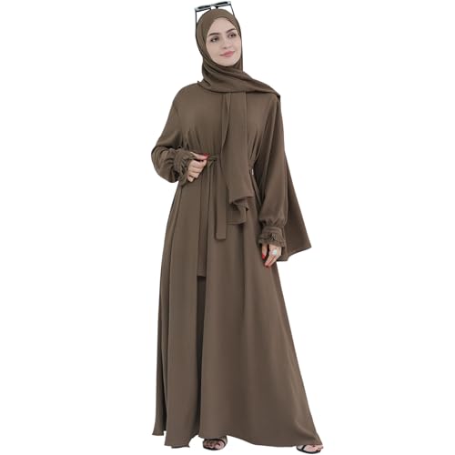 Khalat Women's Brown One Size Maxi Abaya Dress with Hijab Scarf, Lace Sleeve, High Waist, Closed Back, Long Sleeve, Solid, Daily, All Seasons - Image 5