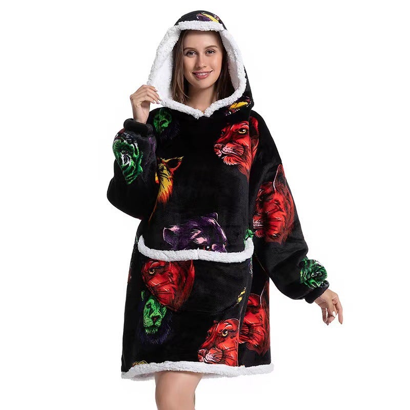 2022 Flannel Thickened Pajamas Lamb Fleece TV Blanket with Hood Cartoon Animal Head Compound-Adult 