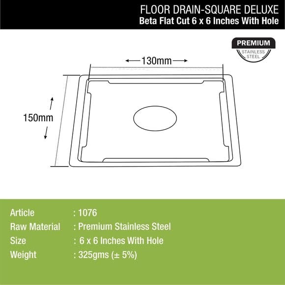 LIPKA Beta Deluxe Square Flat Cut Floor Drain|Premium Stainless Steel |6 x 6 Inches|with Hole| - Image 2