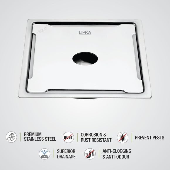 LIPKA Beta Deluxe Square Flat Cut Floor Drain|Premium Stainless Steel |6 x 6 Inches|with Hole| - Image 3