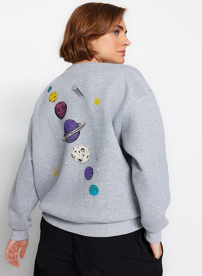 trendyol Gray Melange Fleece Inside Printed Regular/Normal Fit Knitted Sweatshirt TWOAW24SW00175  - Image 1