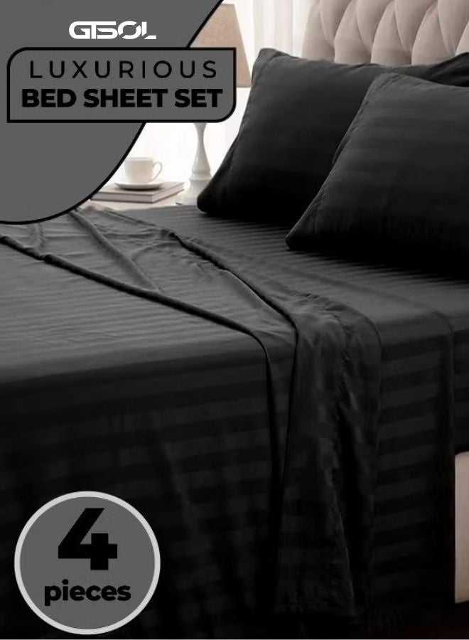 4-PIECE LUXURY KING SIZE STRIPED BEDDING SET  PREMIUM MICROFIBER DUVET COVER SET WITH DEEP POCKET FITTED SHEET (200X200+30CM) & 2 PILLOWCASES (48X74+5CM)  SOFT HOTEL COLLECTION COMFORTER COVER SET FOR KING BED  ELEGANT MODERN BEDROOM BEDDING